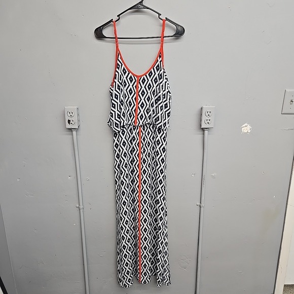 THML Dress Women's Small Navy‎ White Tribal Print Maxi Sleeveless Boho Orange - Picture 4 of 11